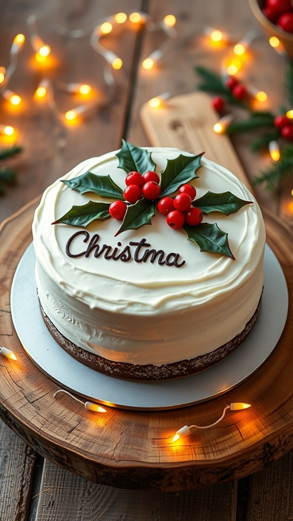 Classic 7-Inch Christmas Cake Recipe A 7-inch Christmas cake decorated with icing and festive holly, set on a wooden table with holiday decorations.